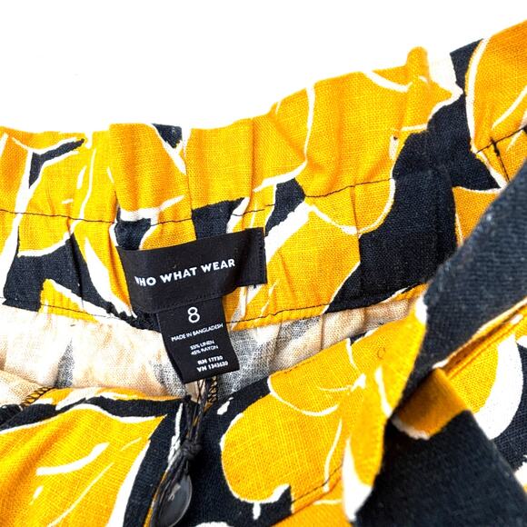 NWT Who What Wear Sz 8 Linen Yellow Black White High Rise Paper Bag Shorts - Picture 4 of 9
